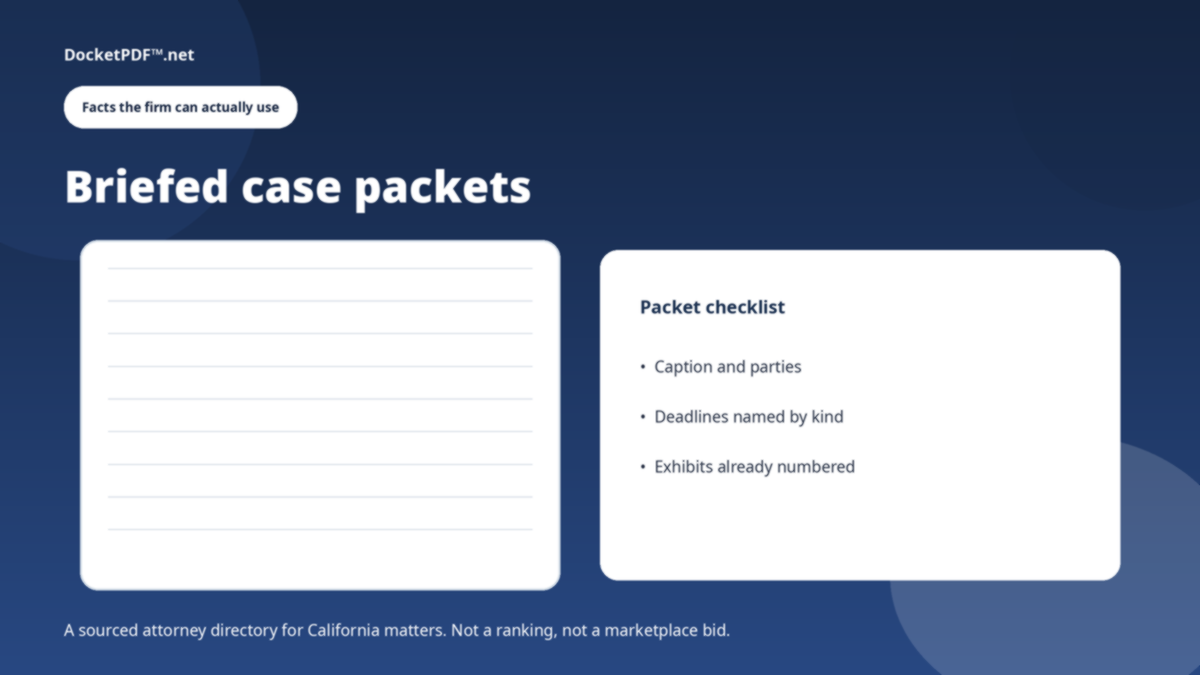 DocketPDF™ — Docket Counsel briefed case packet checklist with caption, deadlines and numbered exhibits