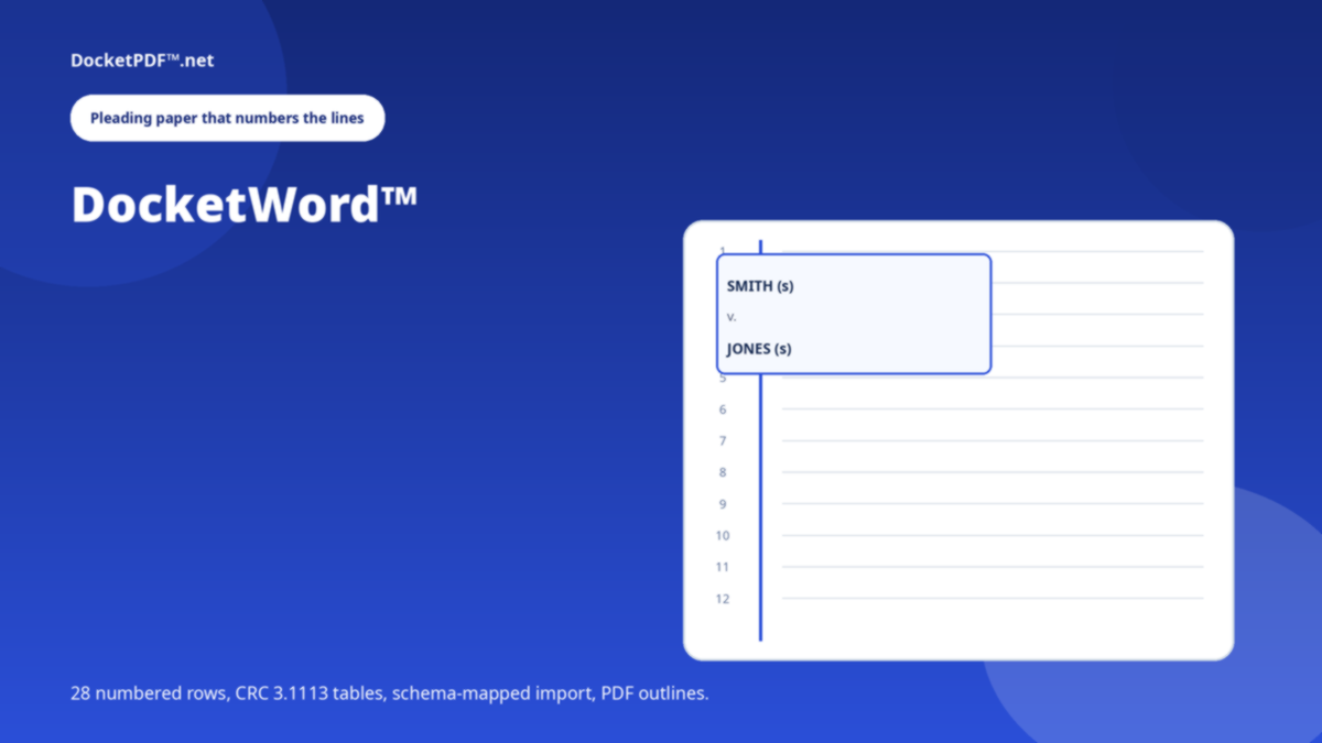 DocketPDF™ — DocketWord™ pleading paper editor with 28 numbered lines and a California caption block
