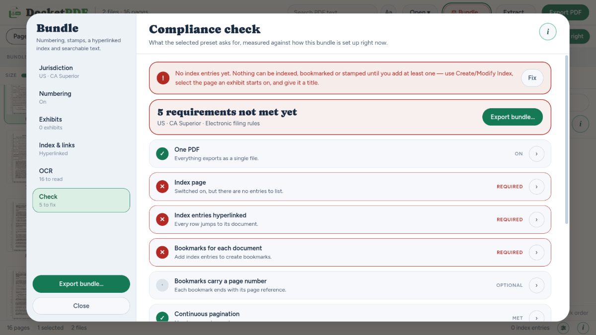 DocketPDF™ — Compliance check listing requirements met and not met, with a Fix action