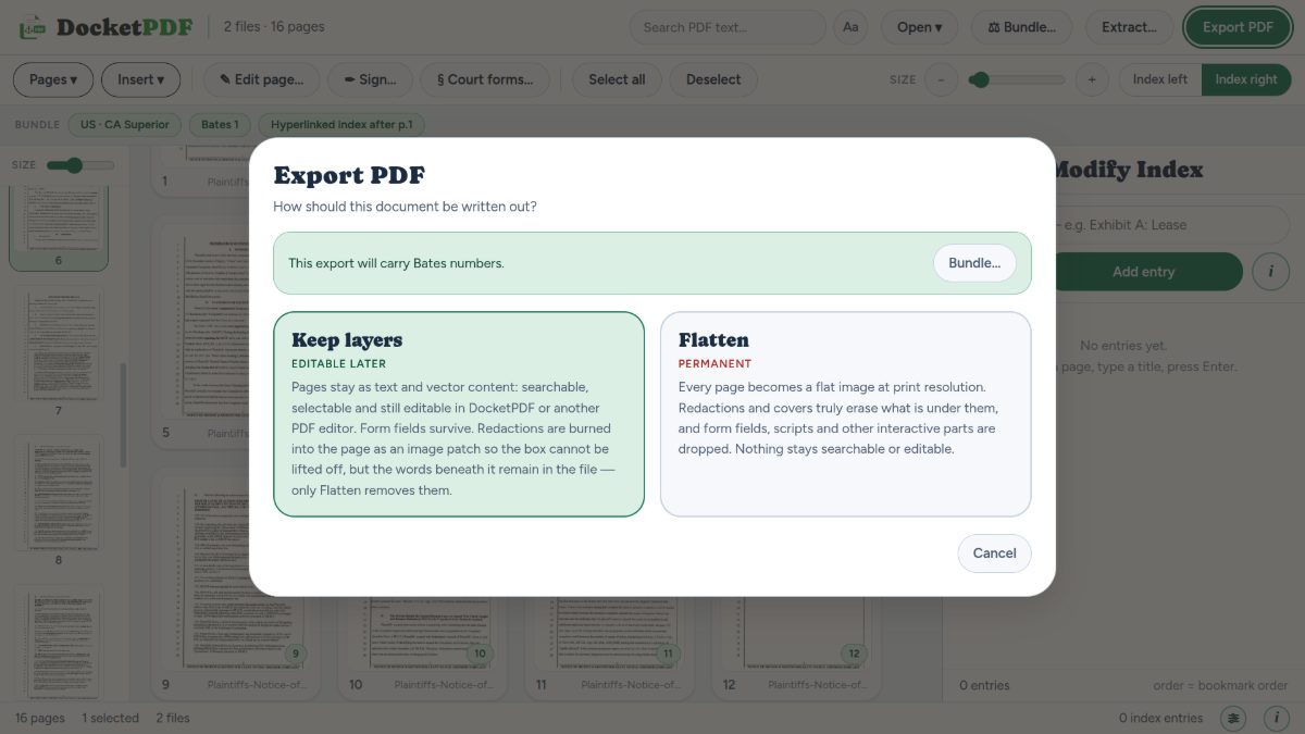 DocketPDF™ — Export dialog offering layered or flattened output