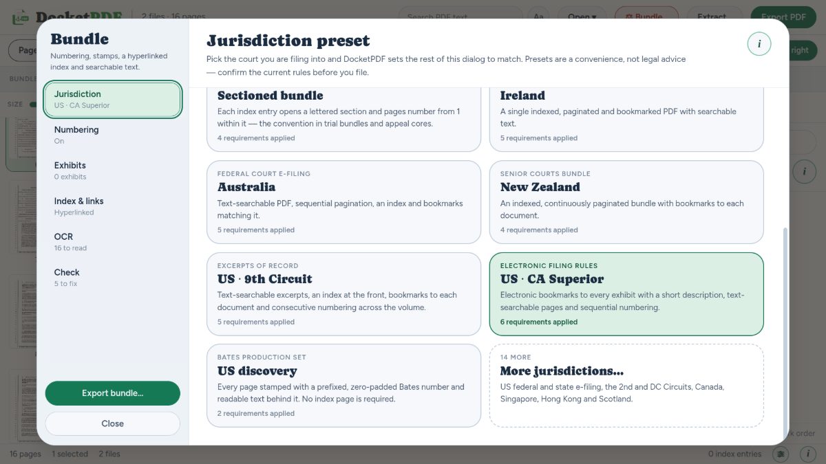 DocketPDF™ — Bundle dialog showing jurisdiction presets