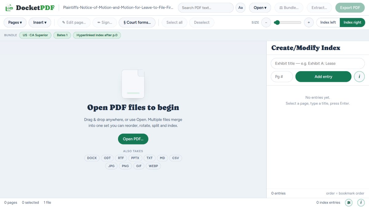 DocketPDF™ opening screen with a drop target for PDFs