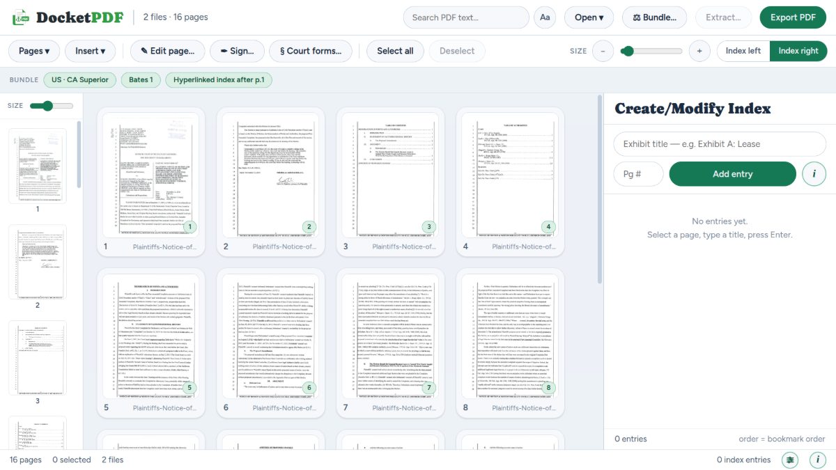 DocketPDF™ — One list drives everything downstream.